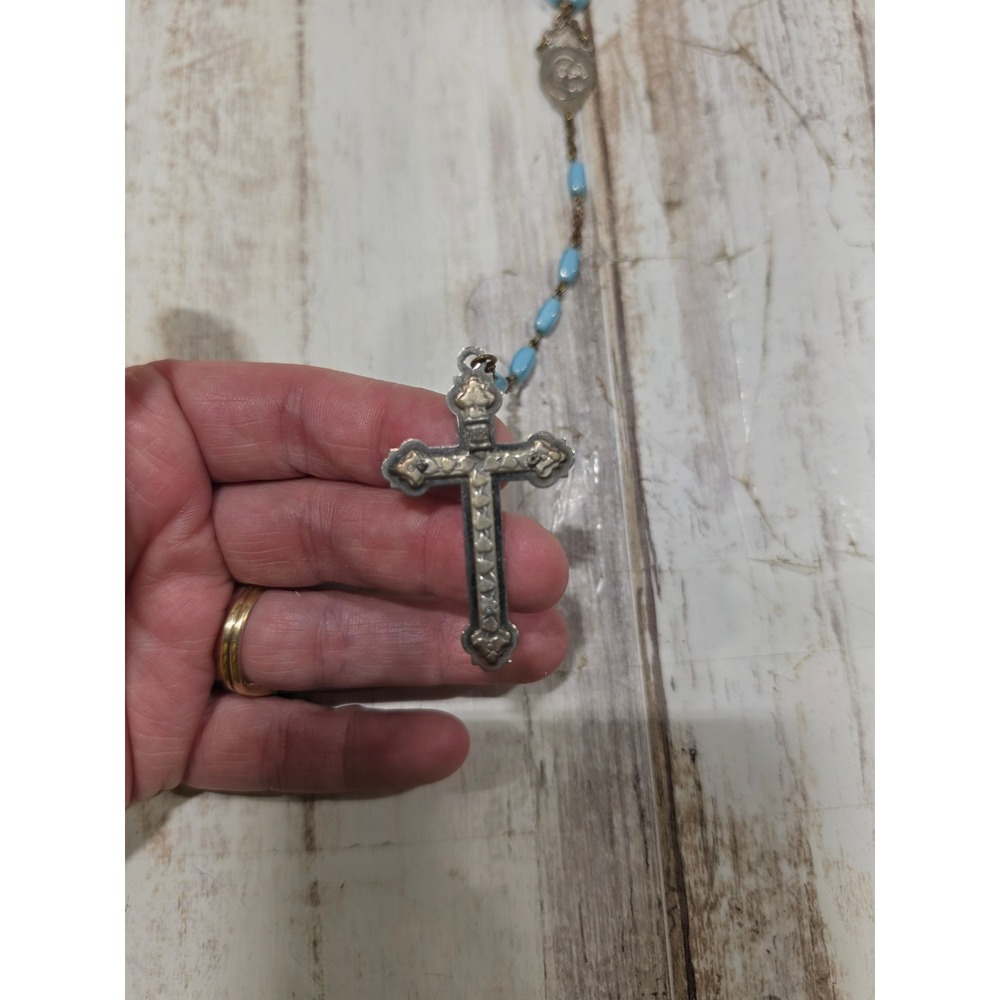 Vintage Catholic Rosary Light Blue Oval Beads Ornate Crucifix 21 Inch Necklace - Picture 2 of 8